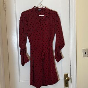 Express Red Ruched Tie Front Long Sleeve Dress